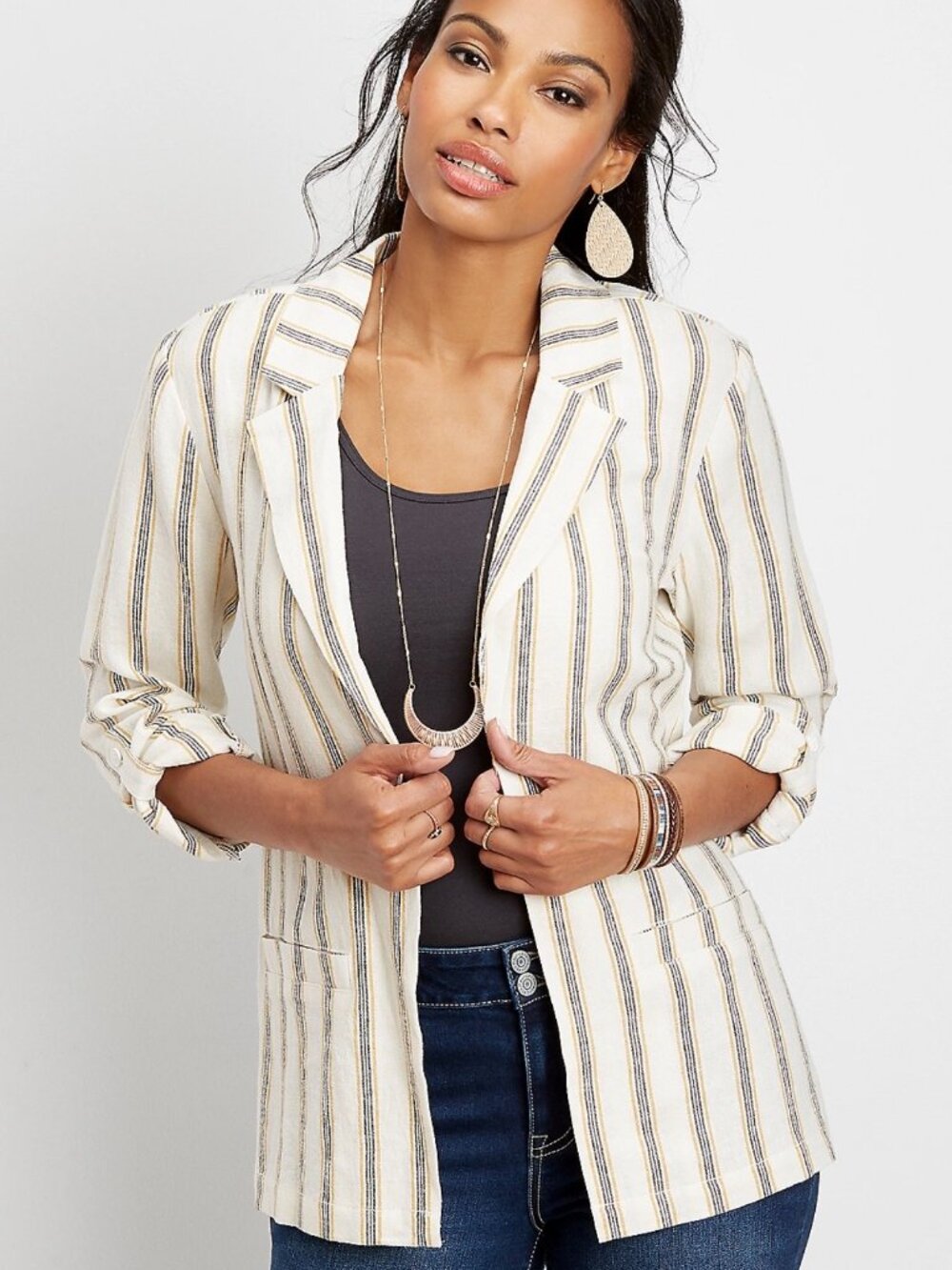 Maurices Striped Open Front Blazer Linen Blend Lightweight Jacket Shacket size L